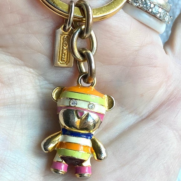 COACH RARE Metal Vintage Legacy Striped Teddy Bear Keychain w Gemstone Eyes GUC - Picture 1 of 7